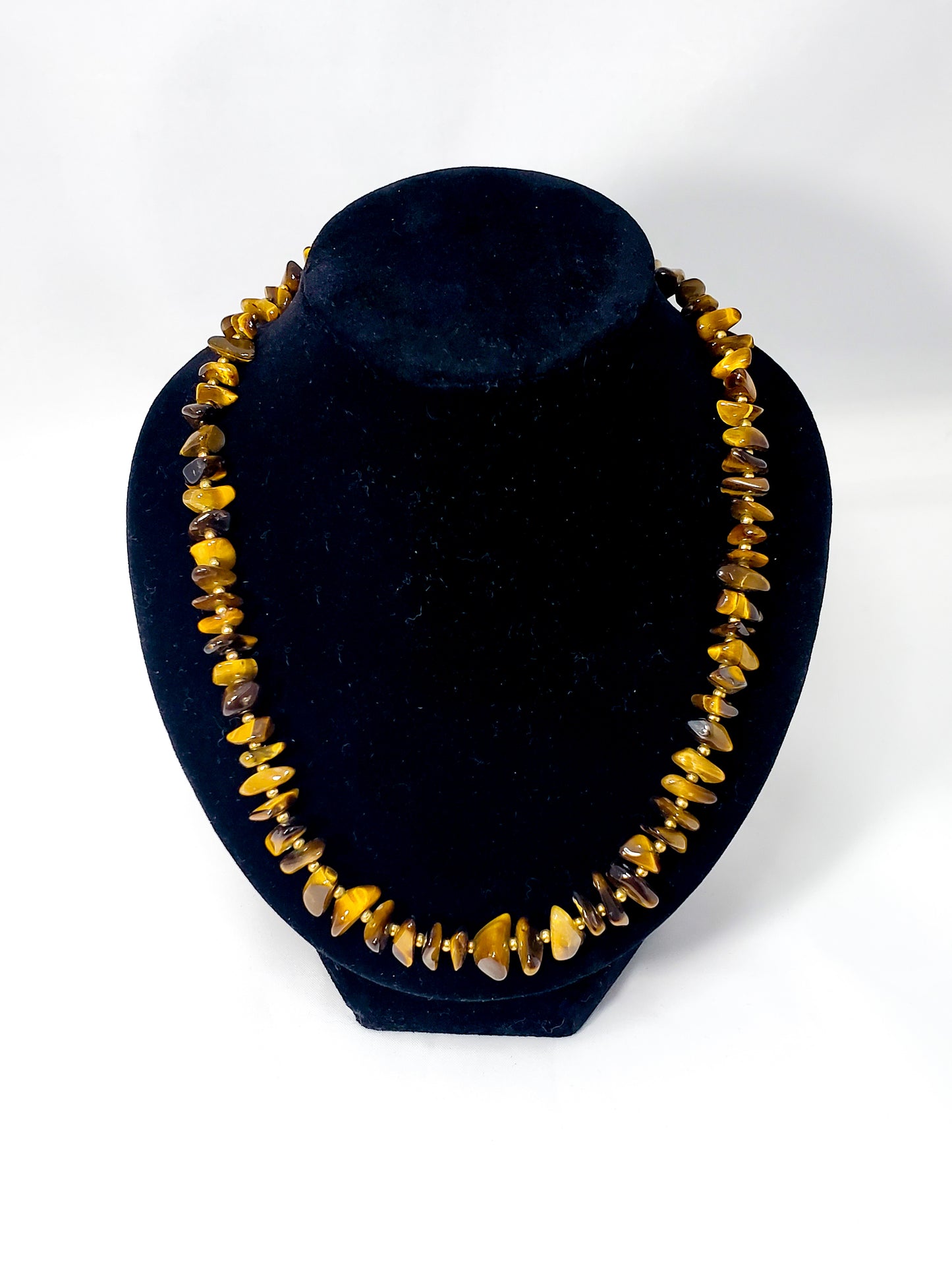 Flashy striated Tiger's Eye gemstone chip necklace with gold filled accents 16 inches