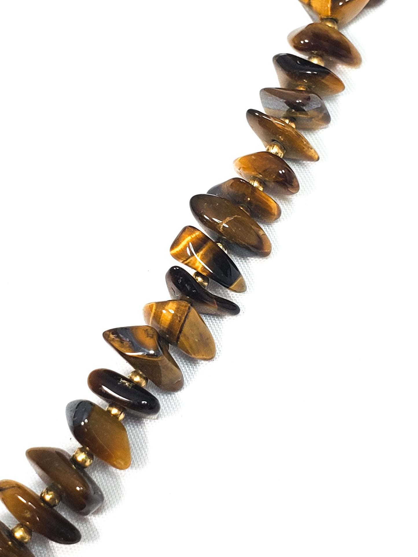 Flashy striated Tiger's Eye gemstone chip necklace with gold filled accents 16 inches