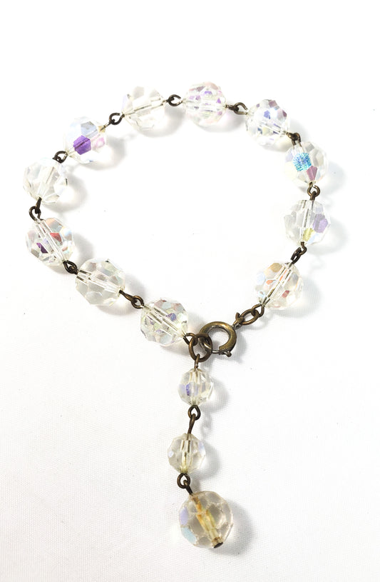 Vintage Aurora Borealis faceted Austrian crystal beaded link bracelet 8 inches mid century