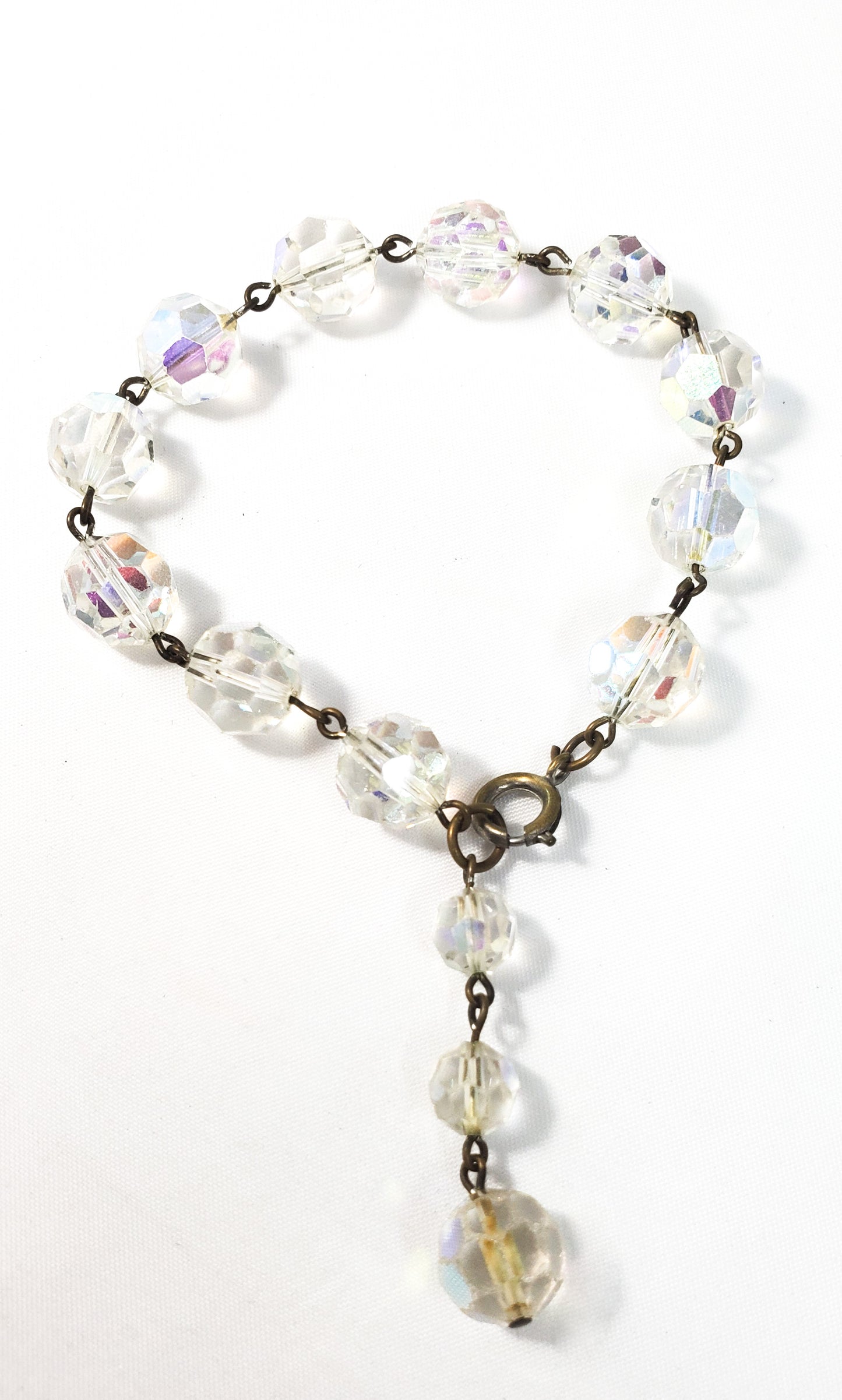 Vintage Aurora Borealis faceted Austrian crystal beaded link bracelet 8 inches mid century