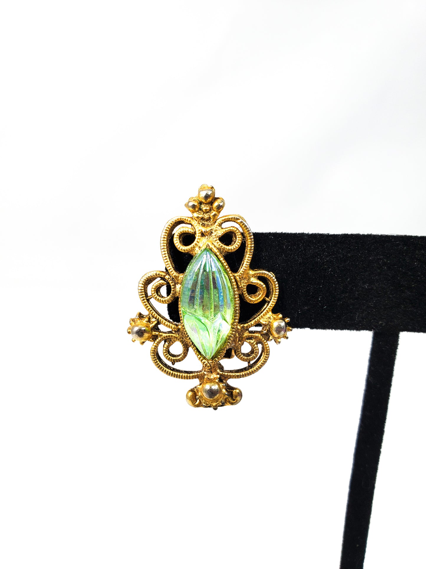 Vintage gold Christmas tree clip on earrings with molded green aurora borealis rhinestone