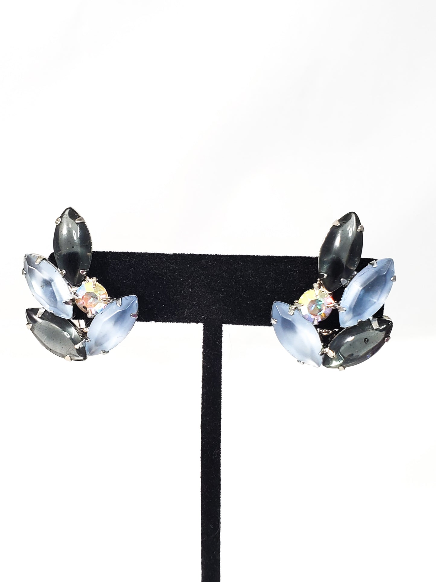 Vintage frosted shades of blue marquis rhinestone clip on earrings mid century