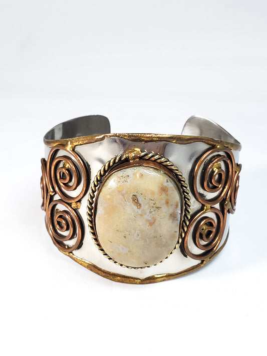 Brutalist handmade Tri metal silver brass copper Jasper cuff bracelet