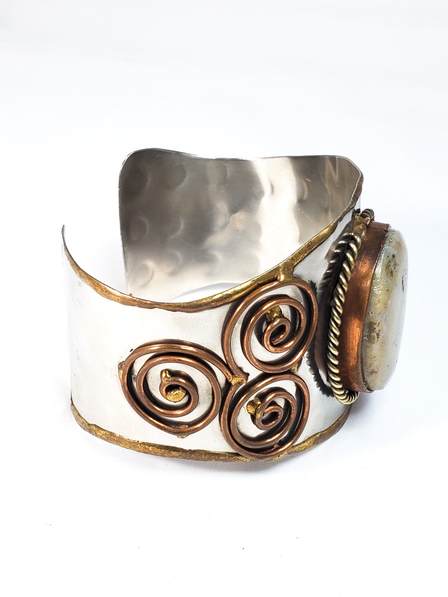 Brutalist handmade Tri metal silver brass copper Jasper cuff bracelet
