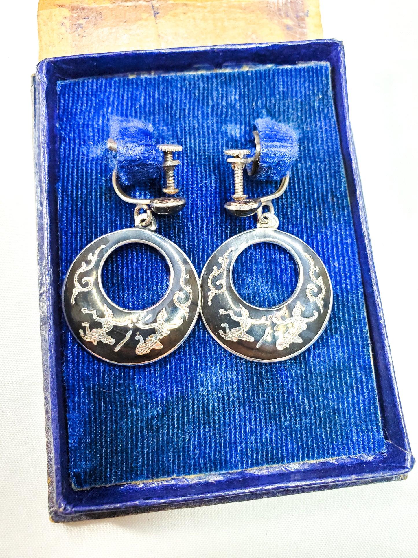 Bombay Bazar vintage Nielloware Siam dancers drop hoop vintage earrings