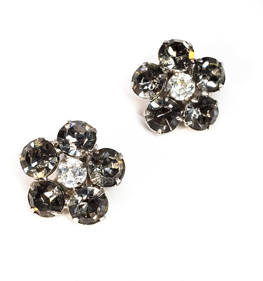 Smokey rhinestone flower cluster clip on earrings mid century