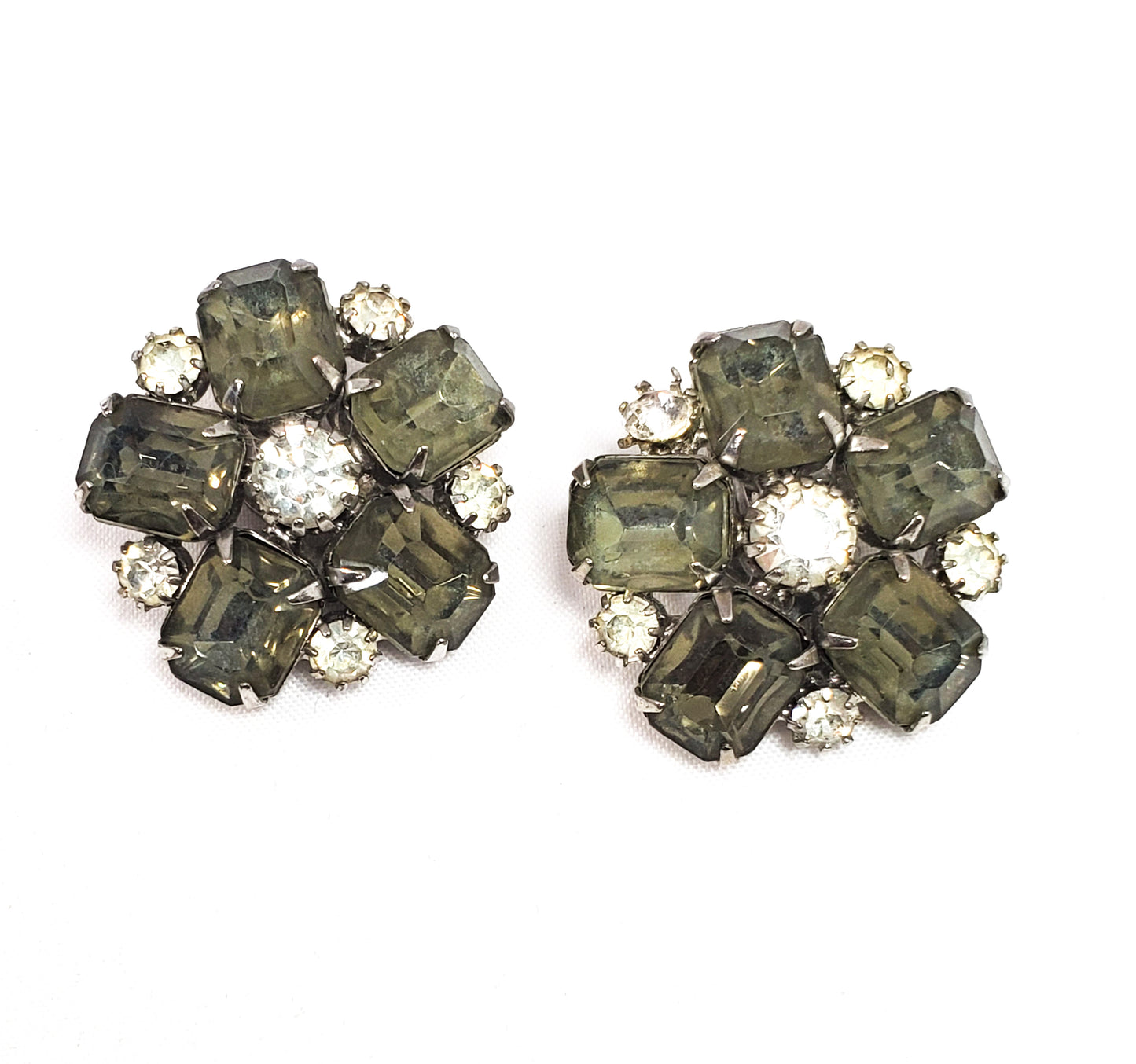 Smokey Grey flowers large rhinestone cluster clip on mid century earrings