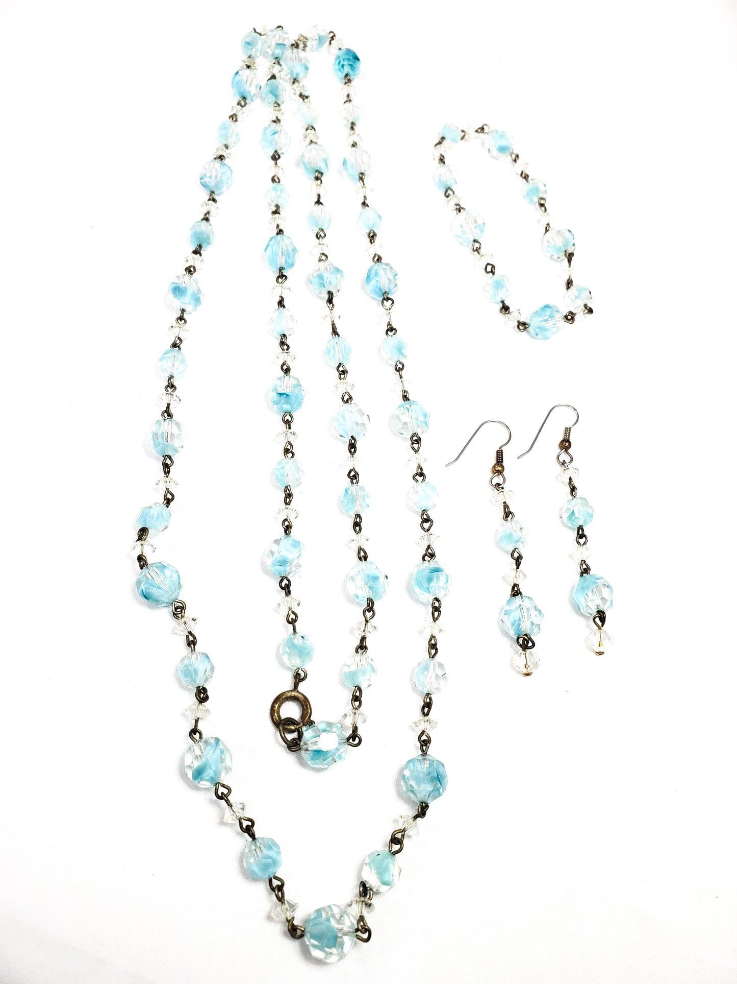 Antique blue and clear bi-colored lead glass faceted beads on brass chain demi parure set