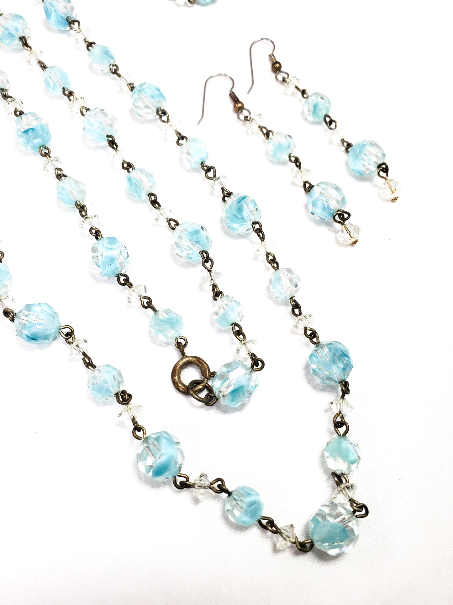 Antique blue and clear bi-colored lead glass faceted beads on brass chain demi parure set