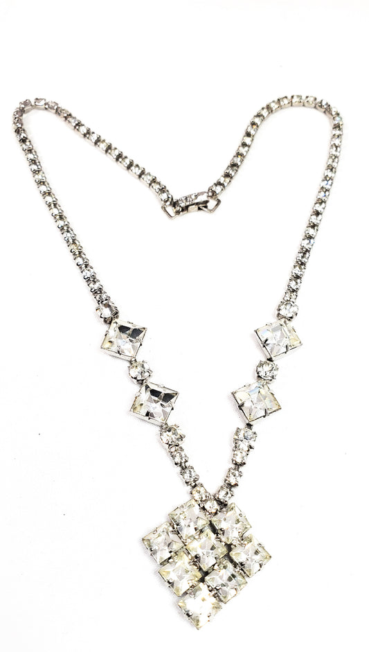 Princess cut vintage clear rhinestone mid century necklace 1950's