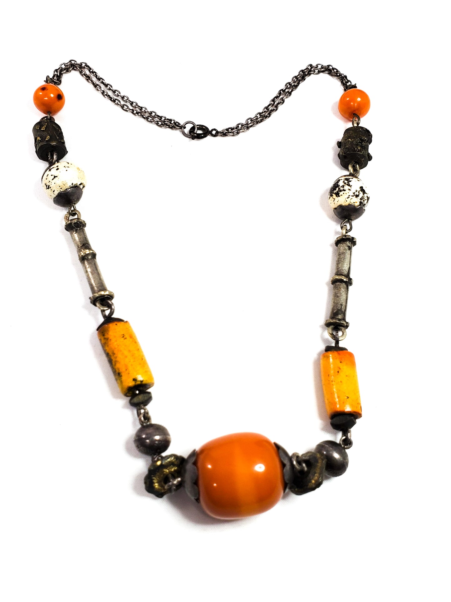 Rare Lavant handcrafted Tribal beaded 950 silver and Faturan Amber Resin necklace *tested*