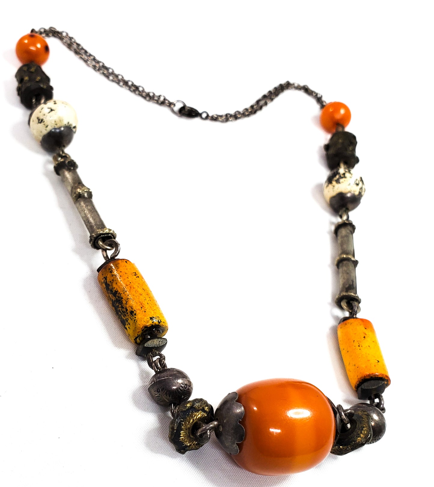 Rare Lavant handcrafted Tribal beaded 950 silver and Faturan Amber Resin necklace *tested*