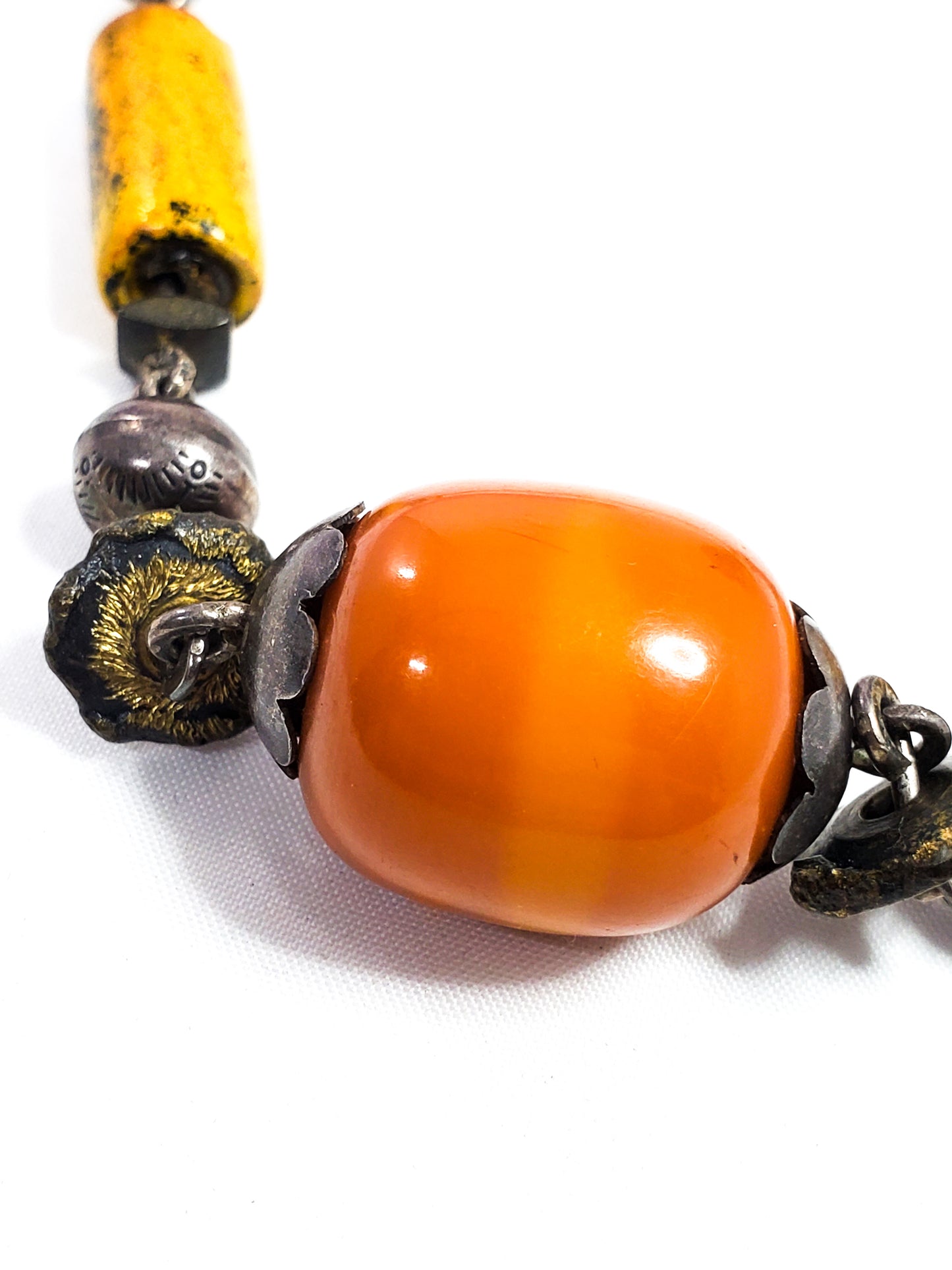 Rare Lavant handcrafted Tribal beaded 950 silver and Faturan Amber Resin necklace *tested*