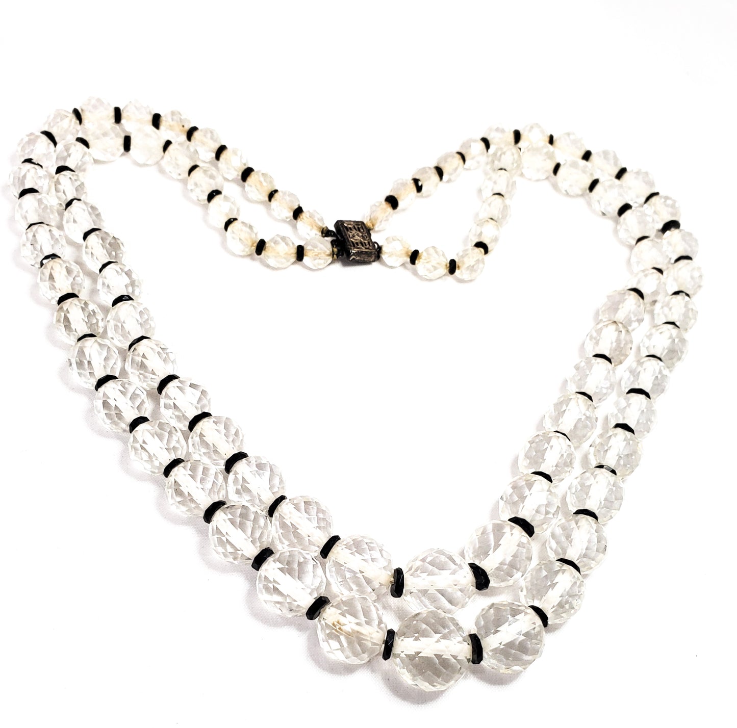 Art Deco faceted black and white cut crystal sterling silver vintage necklace 925