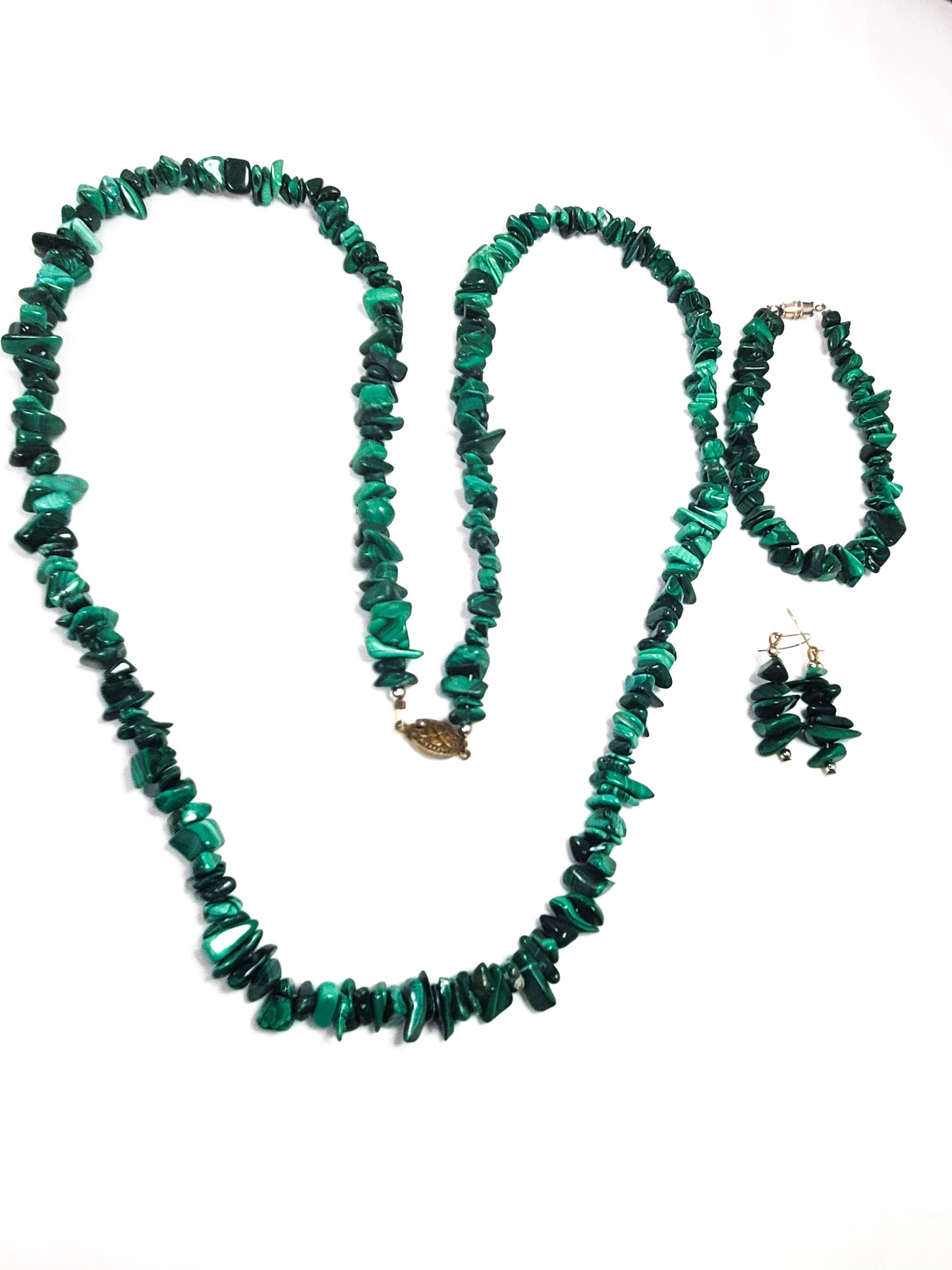 Handcrafted banded malachite chip bead demi parure 3 piece set necklace earrings bracelet