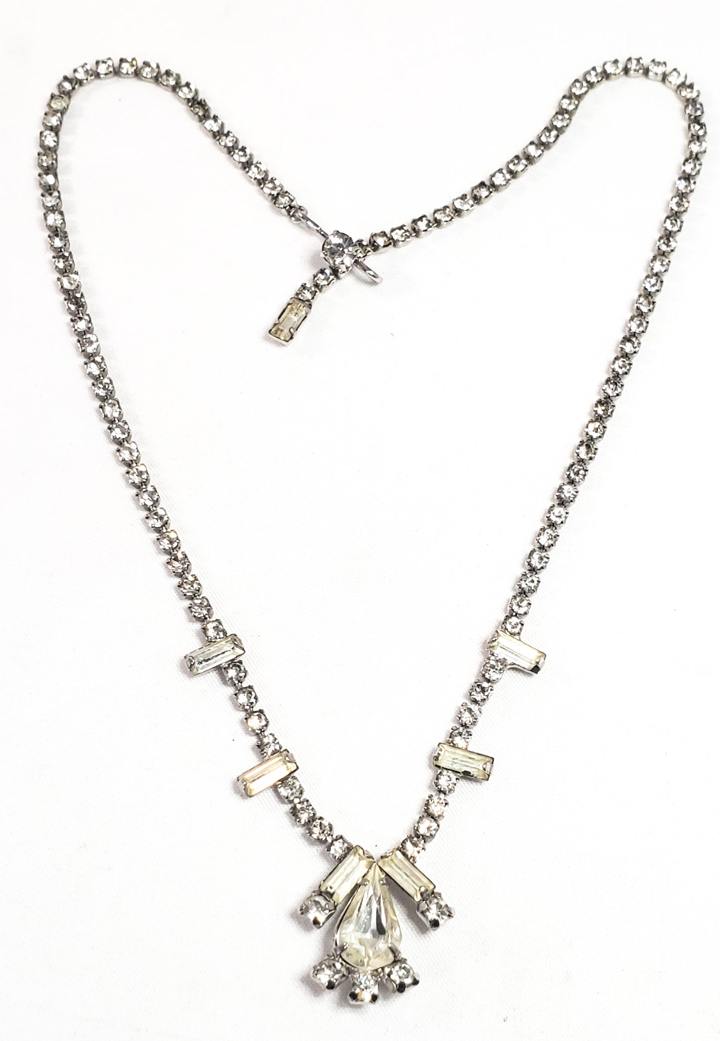Weiss teardrop and baguette clear sparkling rhinestone necklace mid century 1950's