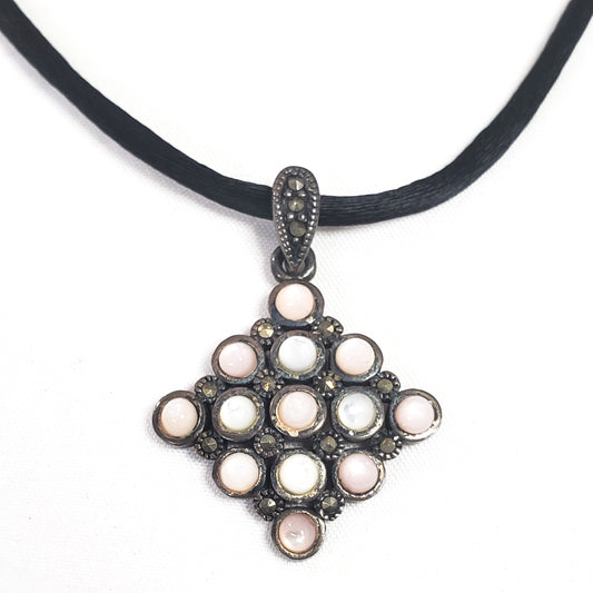 NF pink and white mother of pearl MOP marcasite sterling pendant necklace on black cord chain 925