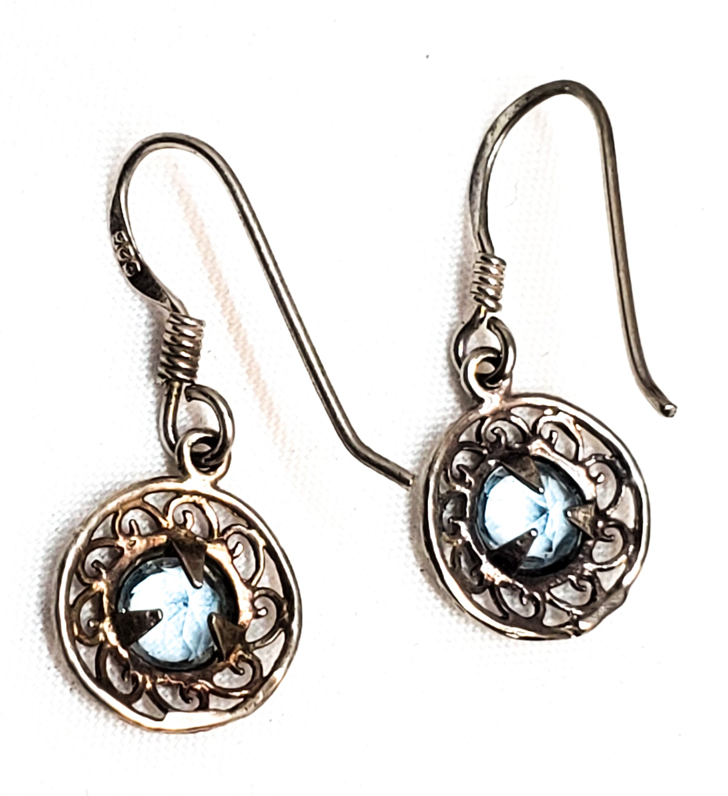 Ice blue topaz filigree sterling silver drop vintage earrings 925
