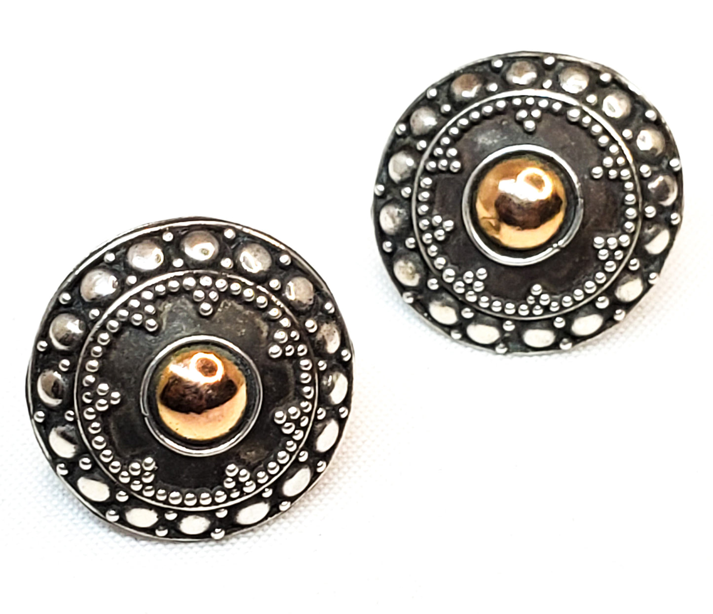 Tribal mandala sterling silver and copper button  vintage earrings 925