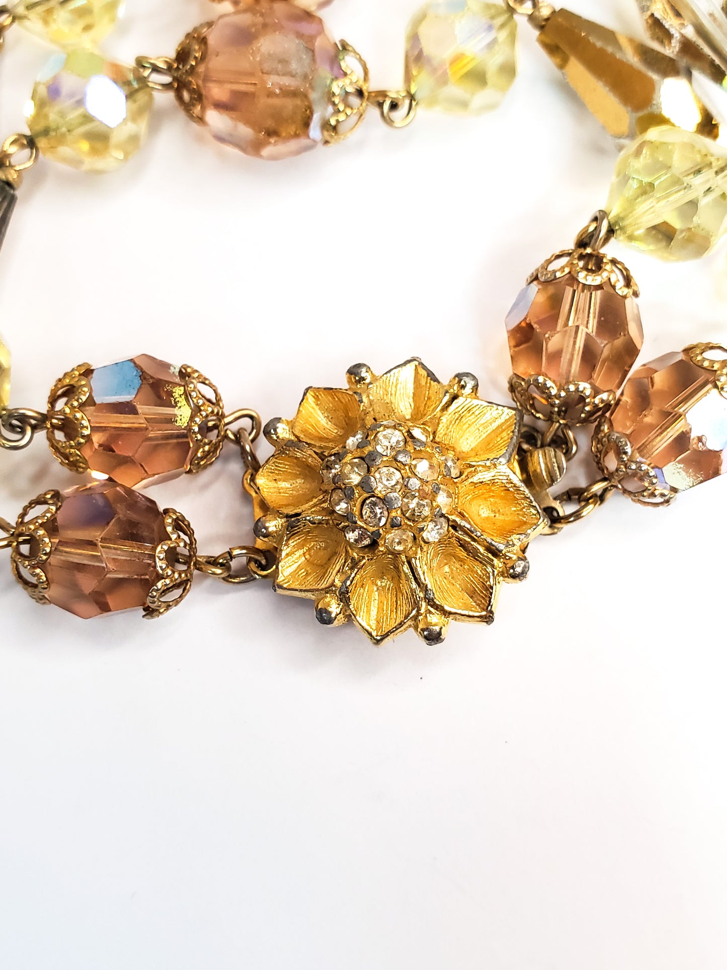 Amber Aurora Borealis Austrian Crystal rhinestone flower bracelet mid century 1960's