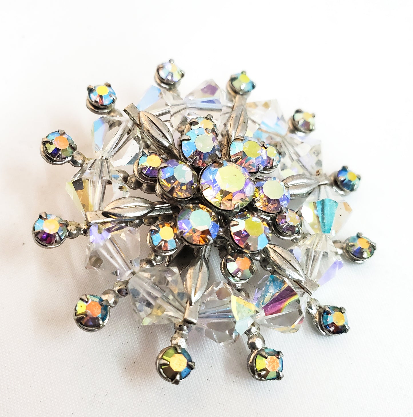 Mid Century Snowflake Brooch Austrian crystal and Aurora Borealis chaton rhinestone 1960's pin up