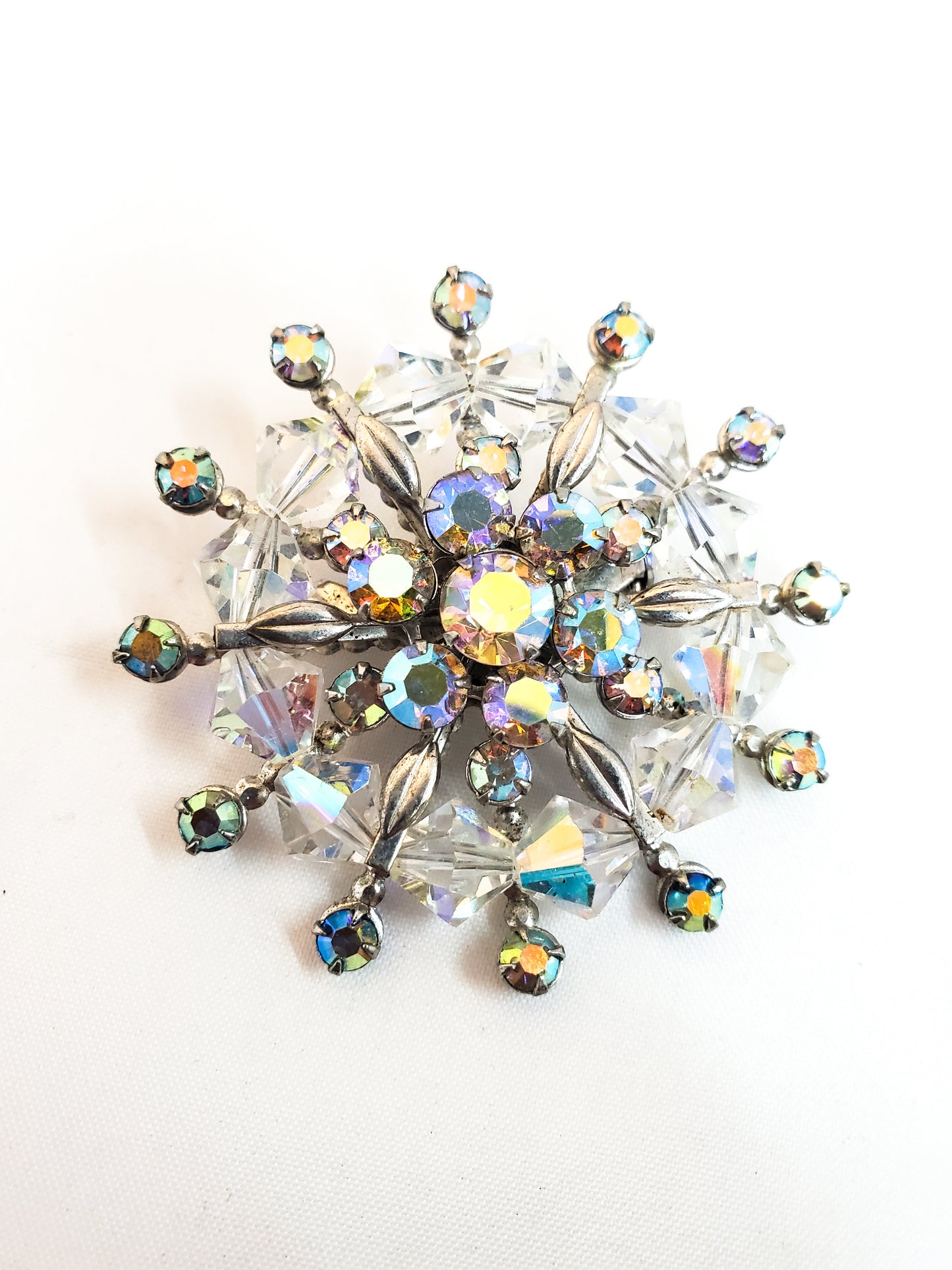 Mid Century Snowflake Brooch Austrian crystal and Aurora Borealis chaton rhinestone 1960's pin up