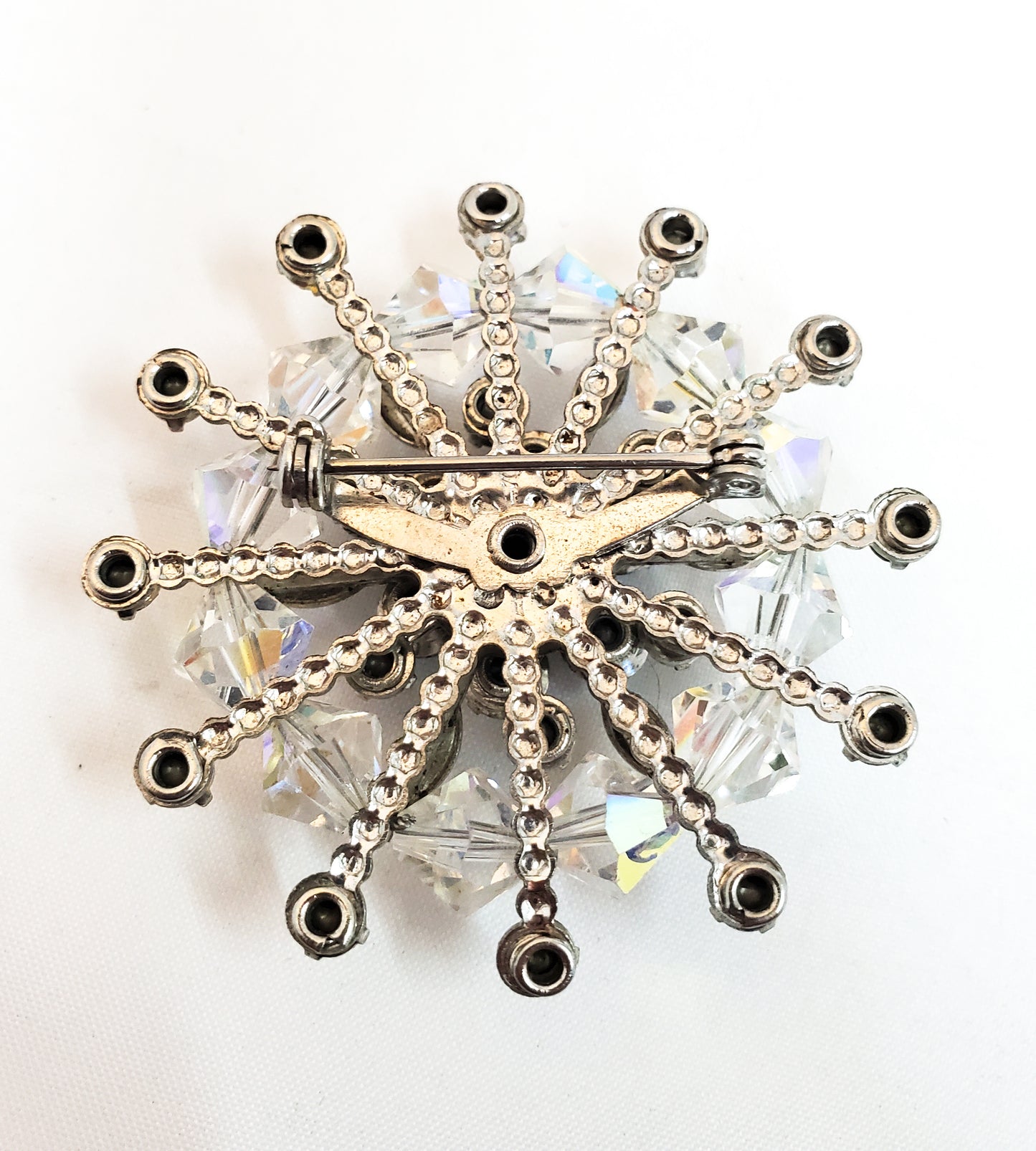 Mid Century Snowflake Brooch Austrian crystal and Aurora Borealis chaton rhinestone 1960's pin up