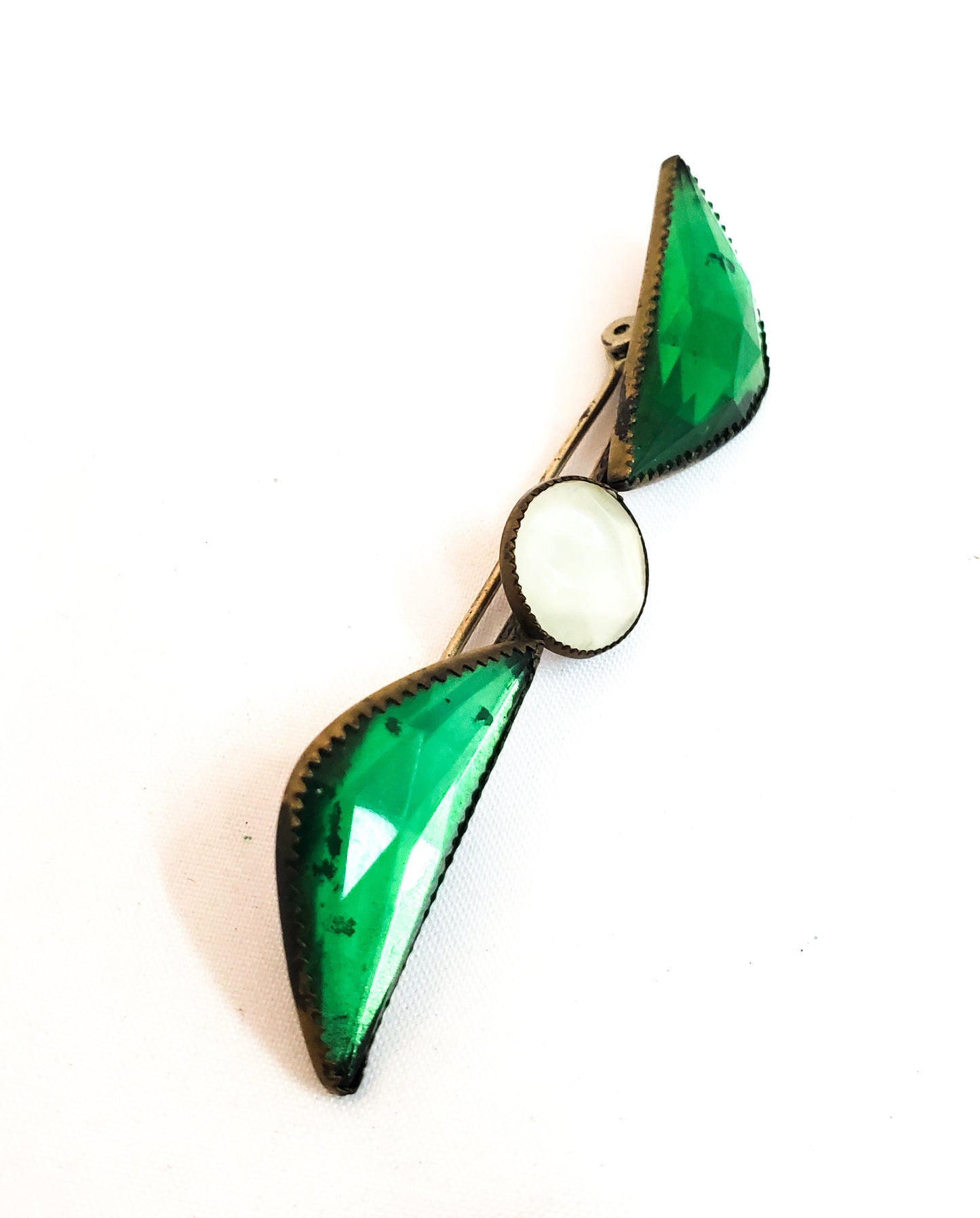 WWI bright green and white Czech glass propeller sweetheart brooch holiday Christmas
