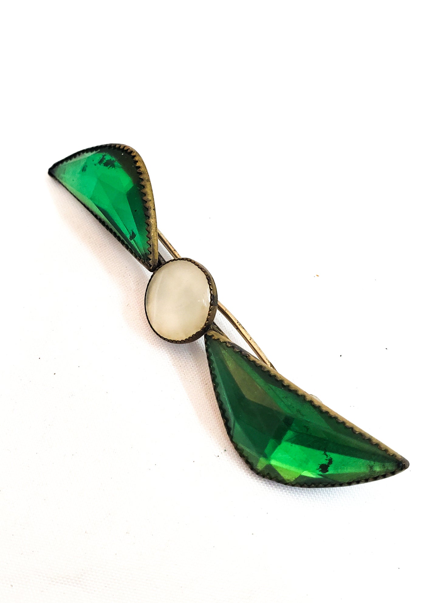 WWI bright green and white Czech glass propeller sweetheart brooch holiday Christmas