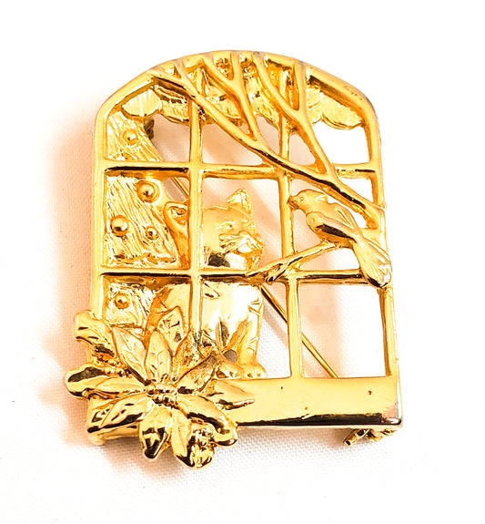 Danecraft Christmas cat in window gold toned panel brooch signed Winter poinsettia bird