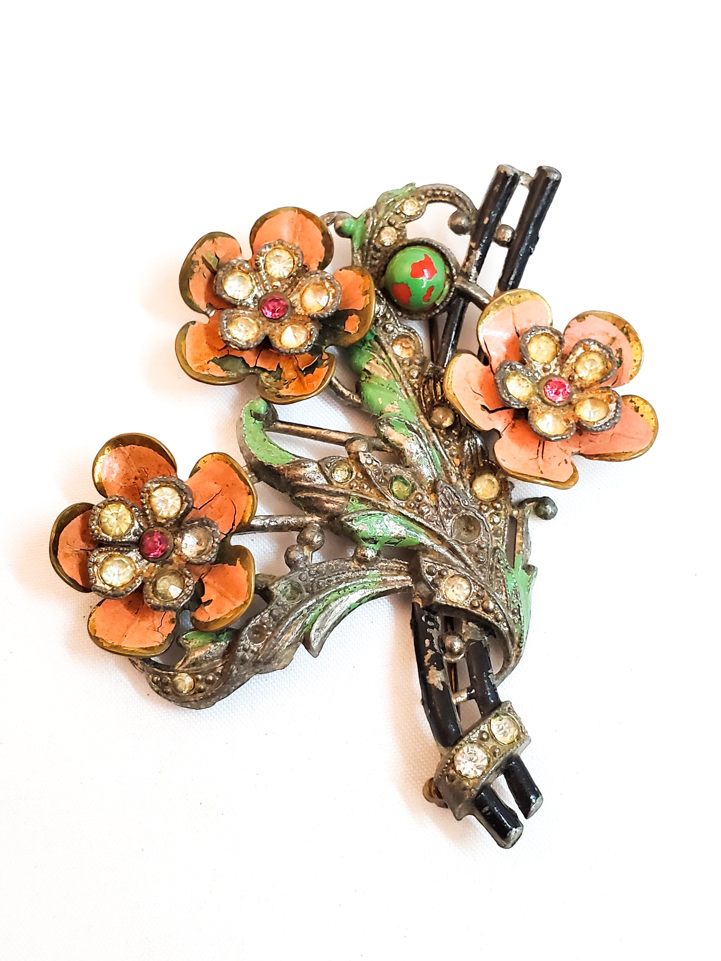 New England Glass Works Art Deco rhinestone paste flower bundle brooch pin antique enamel
