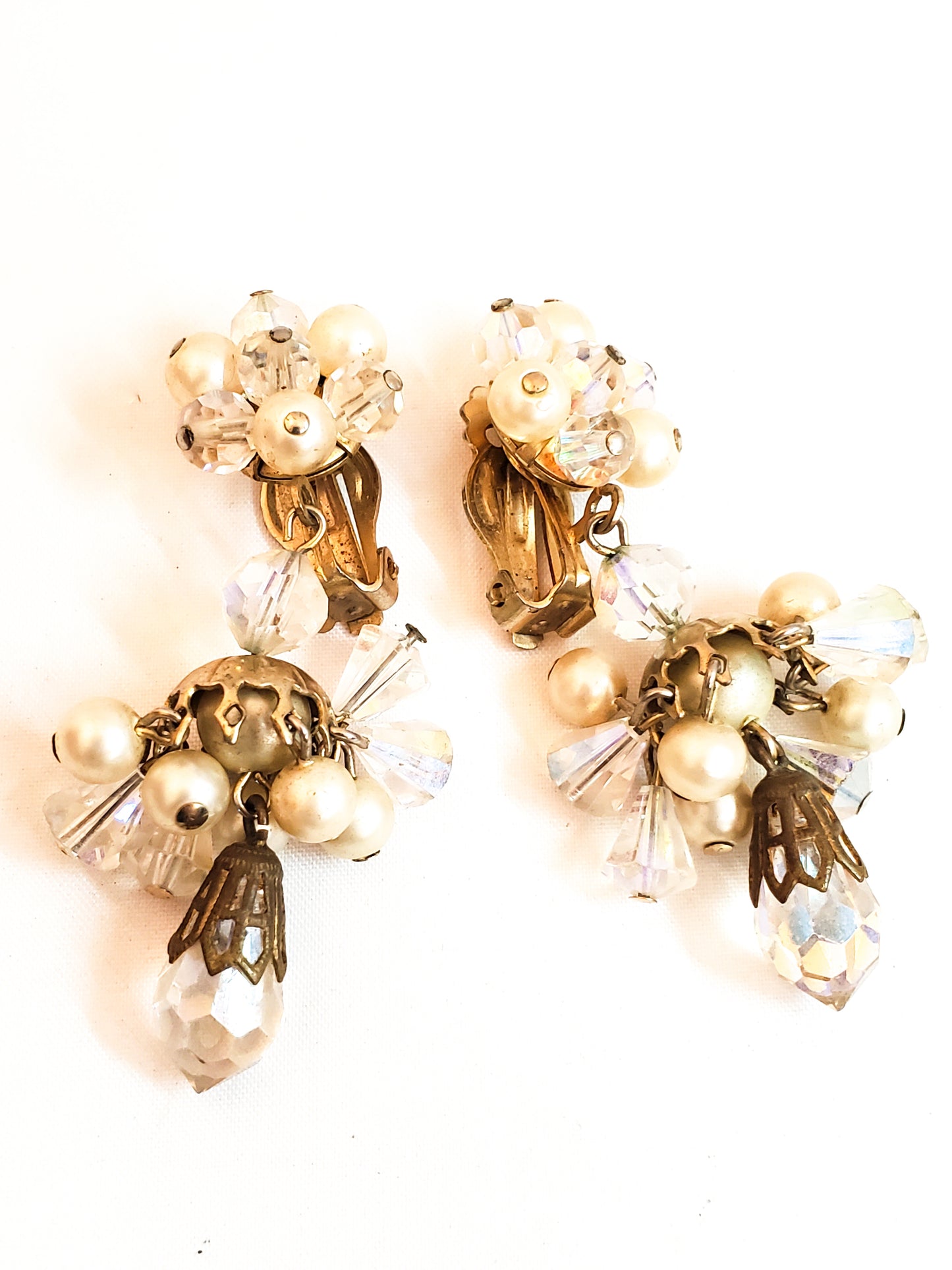 Faux pearl and Austrian crystal cluster drop vintage clip on earrings mid century
