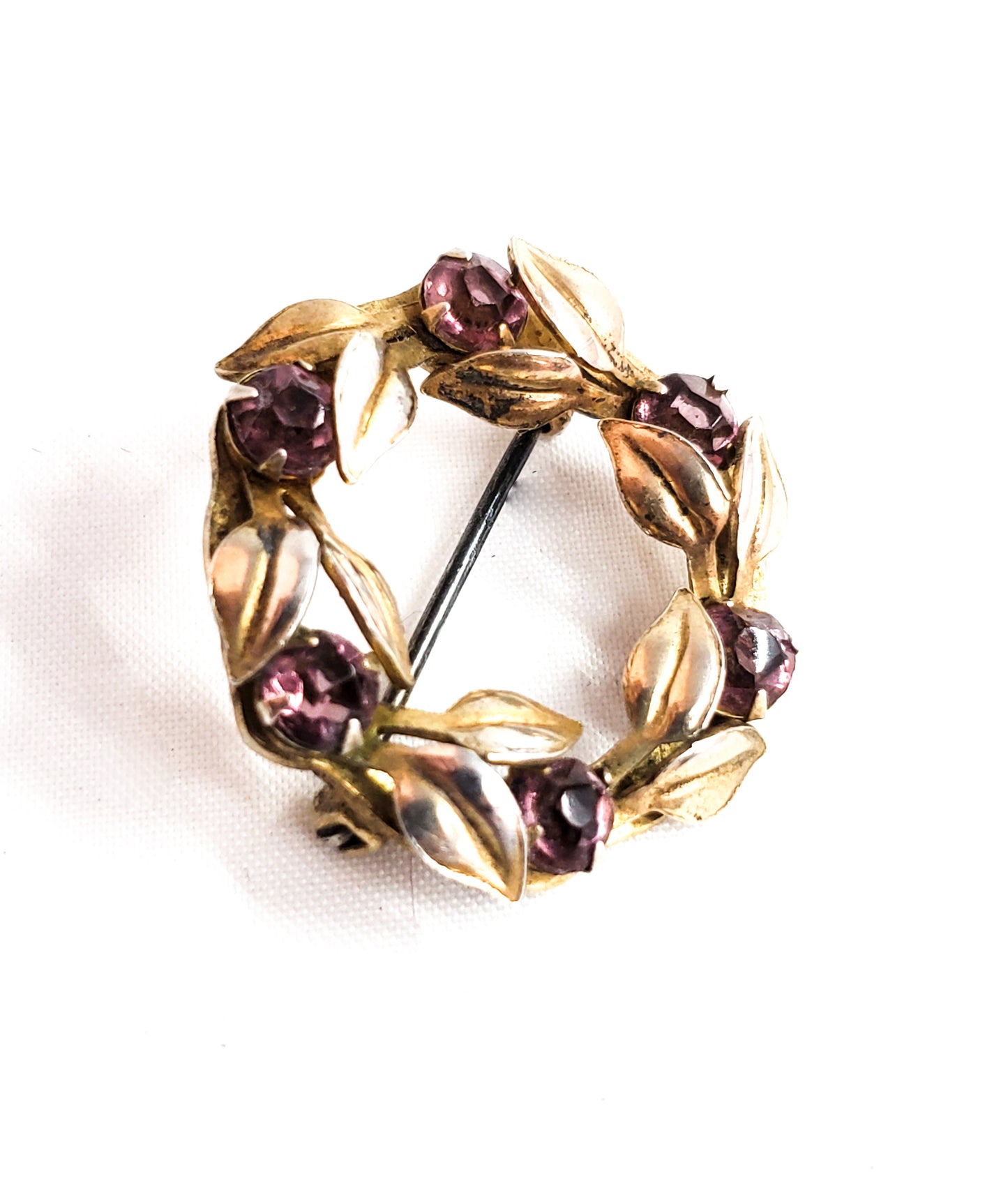Purple rhinestone flower sterling silver circle infinity vintage brooch 925