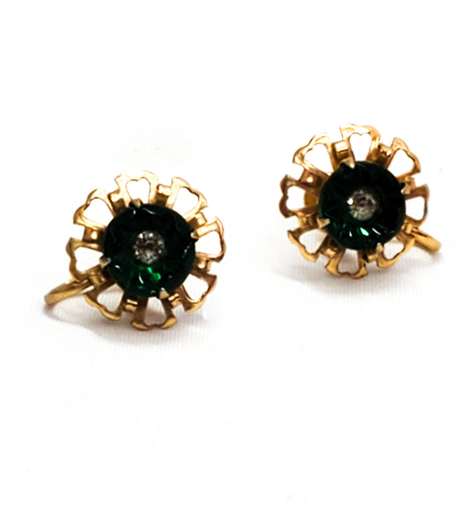 Antique green flower molded Czech glass rhinestone screw back earrings