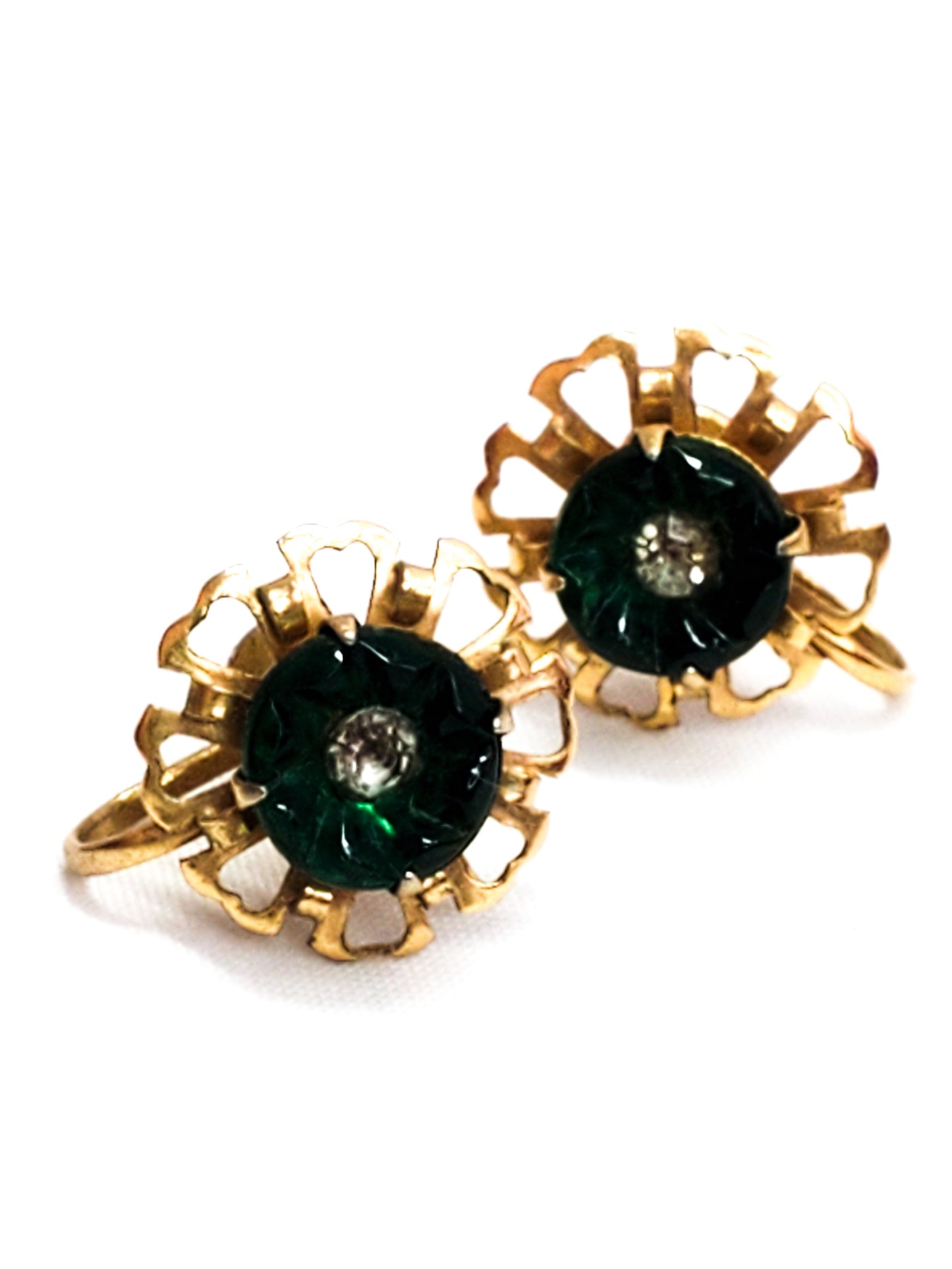 Antique green flower molded Czech glass rhinestone screw back earrings