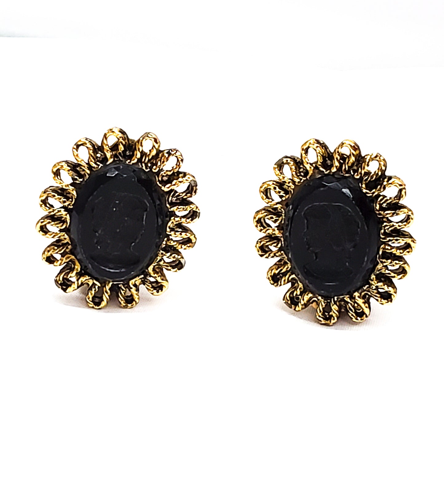 Black Glass reversed carved cameo clip on vintage earrings mid century