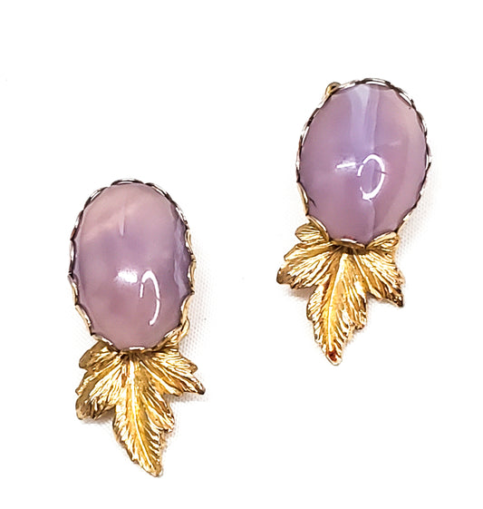 Purple agate gold toned clip on leaf earrings mid century pin up