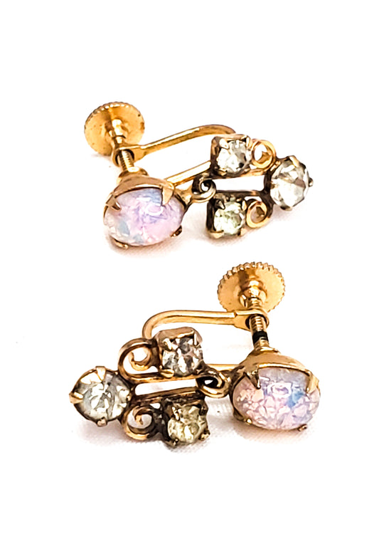 Jelly opal foil glass and rhinestone vintage screw back earrings
