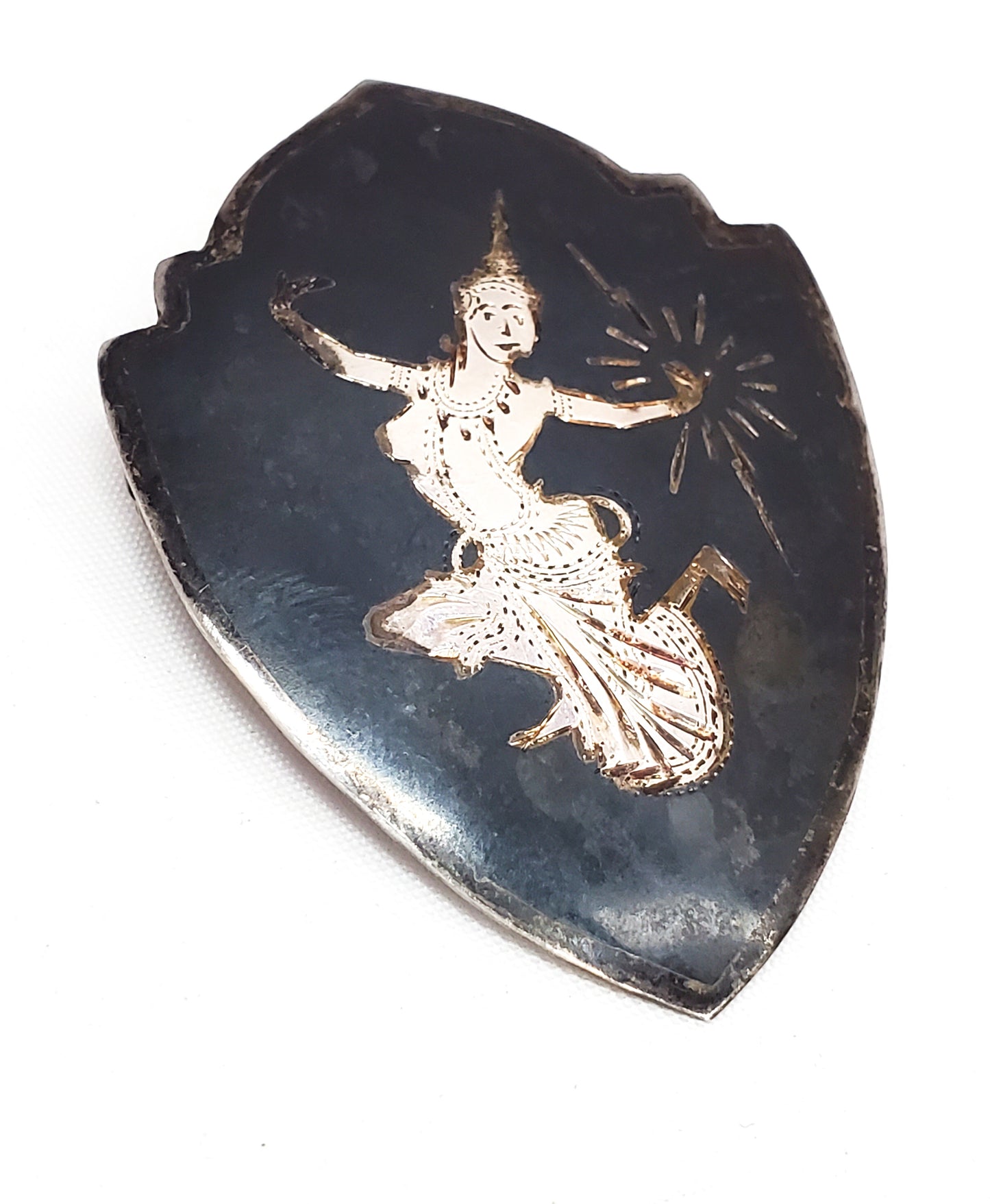 Siam Mekkela goddess of lightning nielloware black sterling silver shield brooch 925