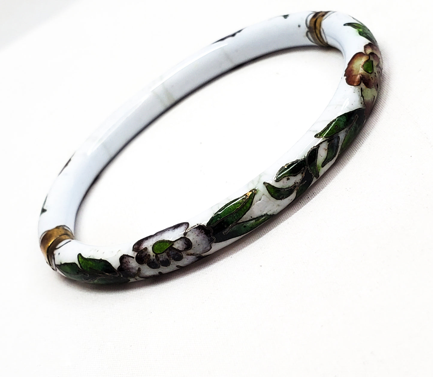 White closoline enamel lotus flower vintage hinged bracelet