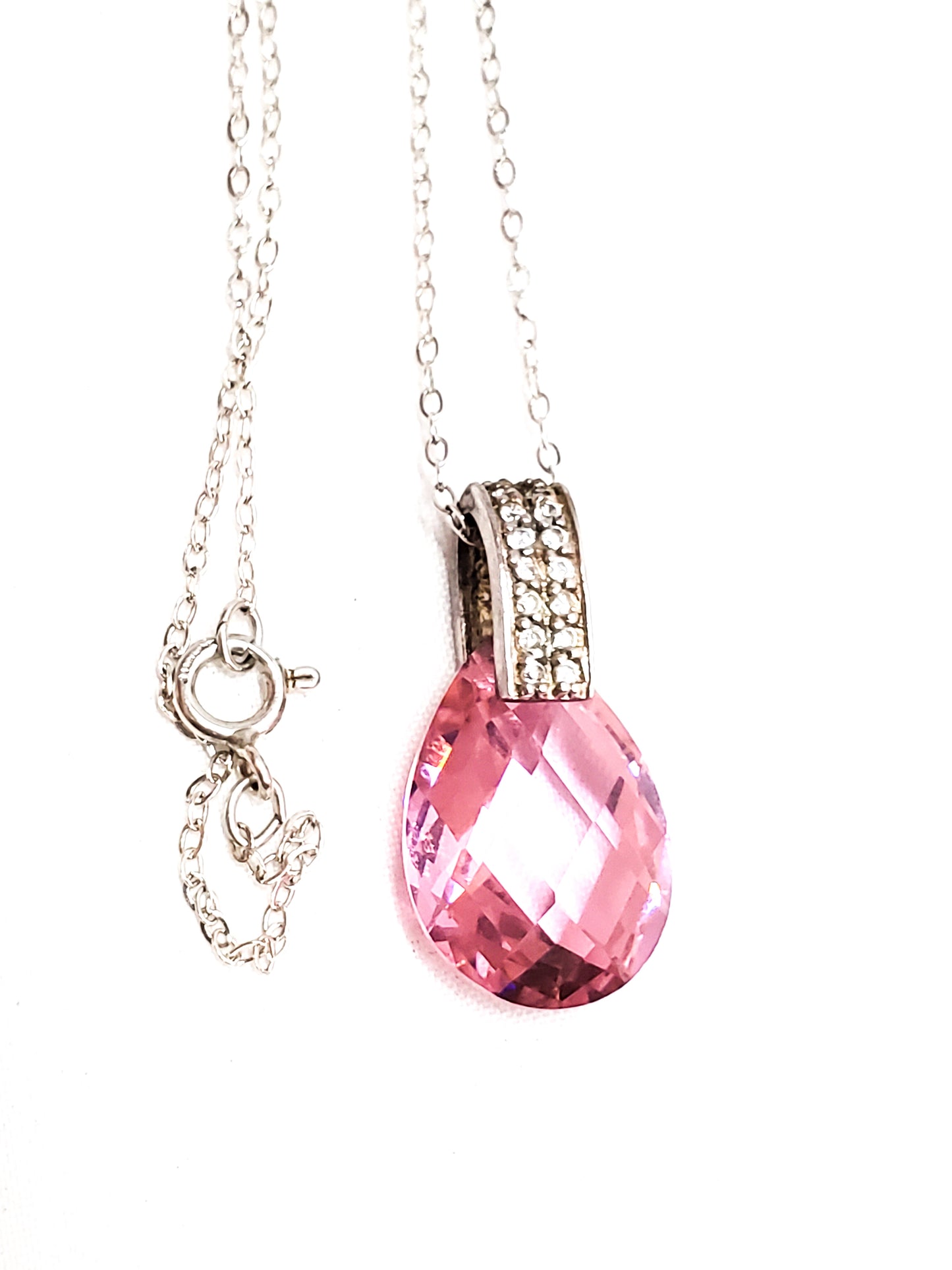 JC Cubic Zirconia pave set faceted pink stone drop sterling silver necklace 925