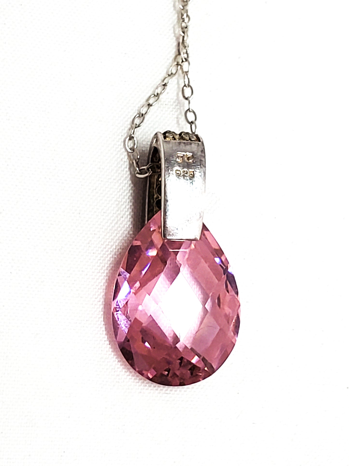 JC Cubic Zirconia pave set faceted pink stone drop sterling silver necklace 925