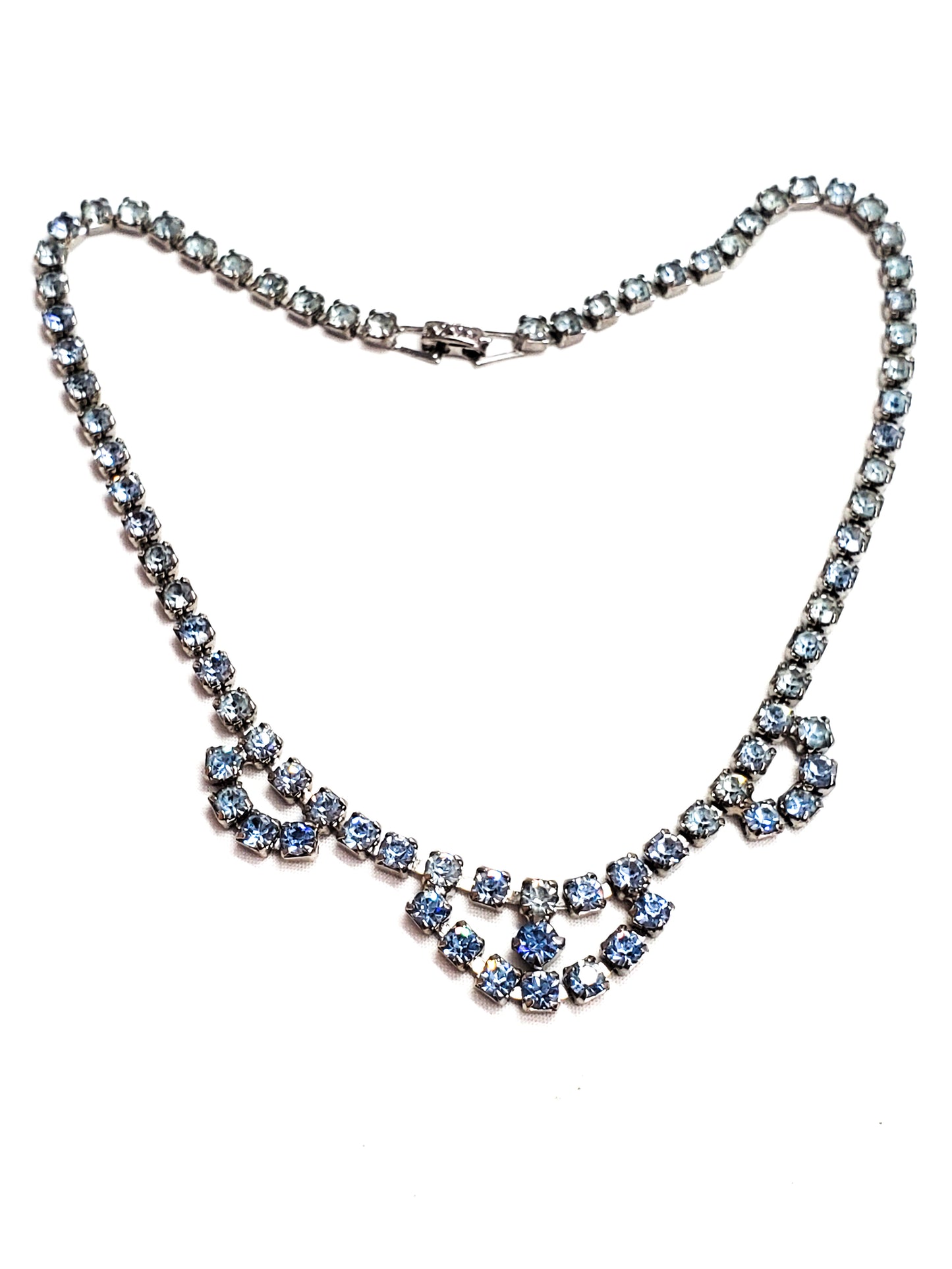 Jewelry Fashions baby blue scalloped rhinestone bib vintage necklace mid century