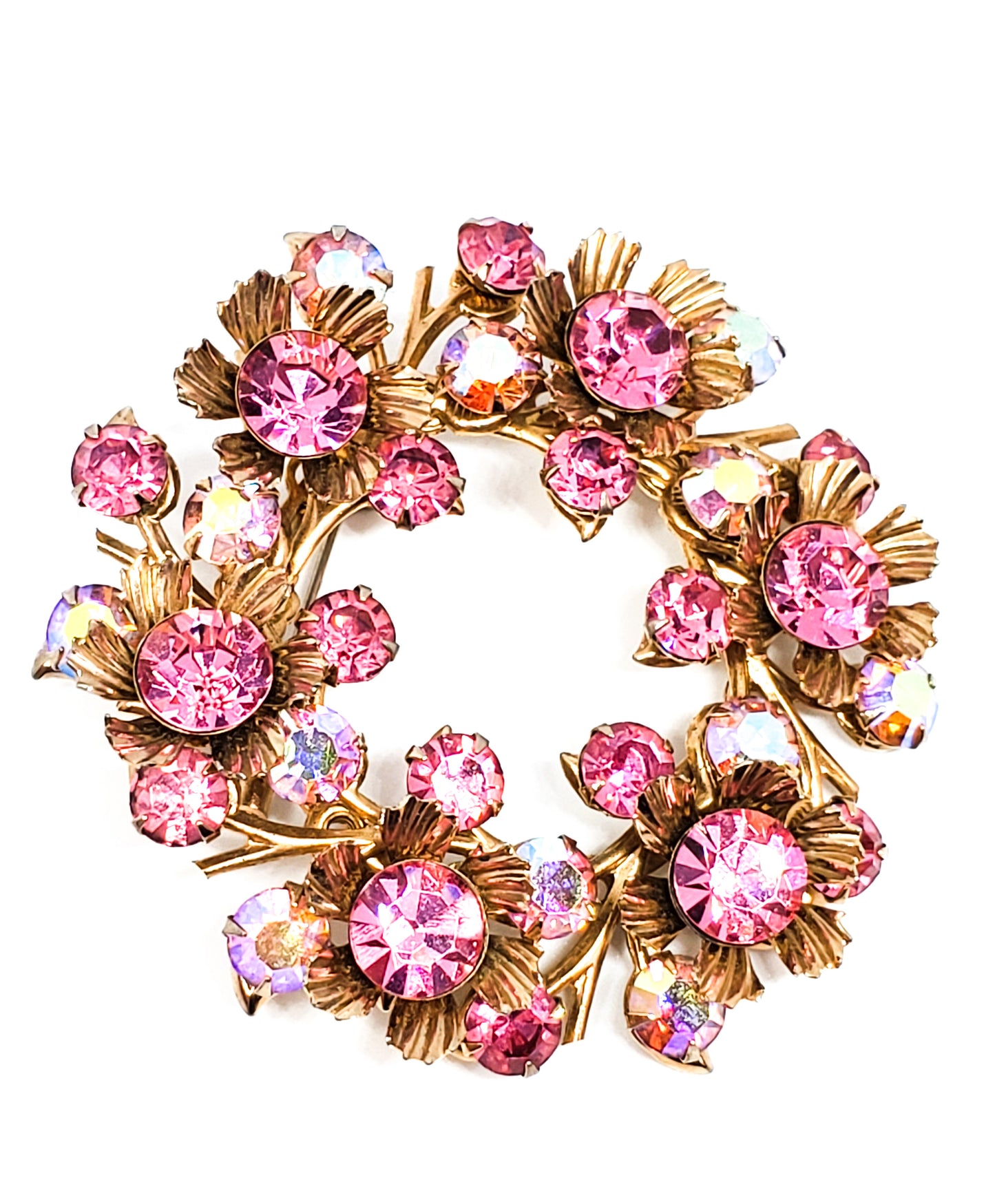 Pink Aurora Borealis rhinestone vintage flower circle brooch mid century