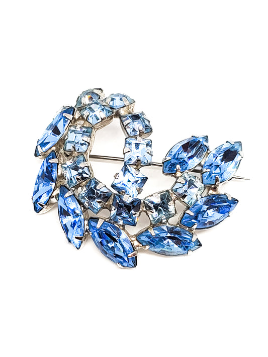 Baby blue Princess cut vintage rhinestone cluster brooch mid century