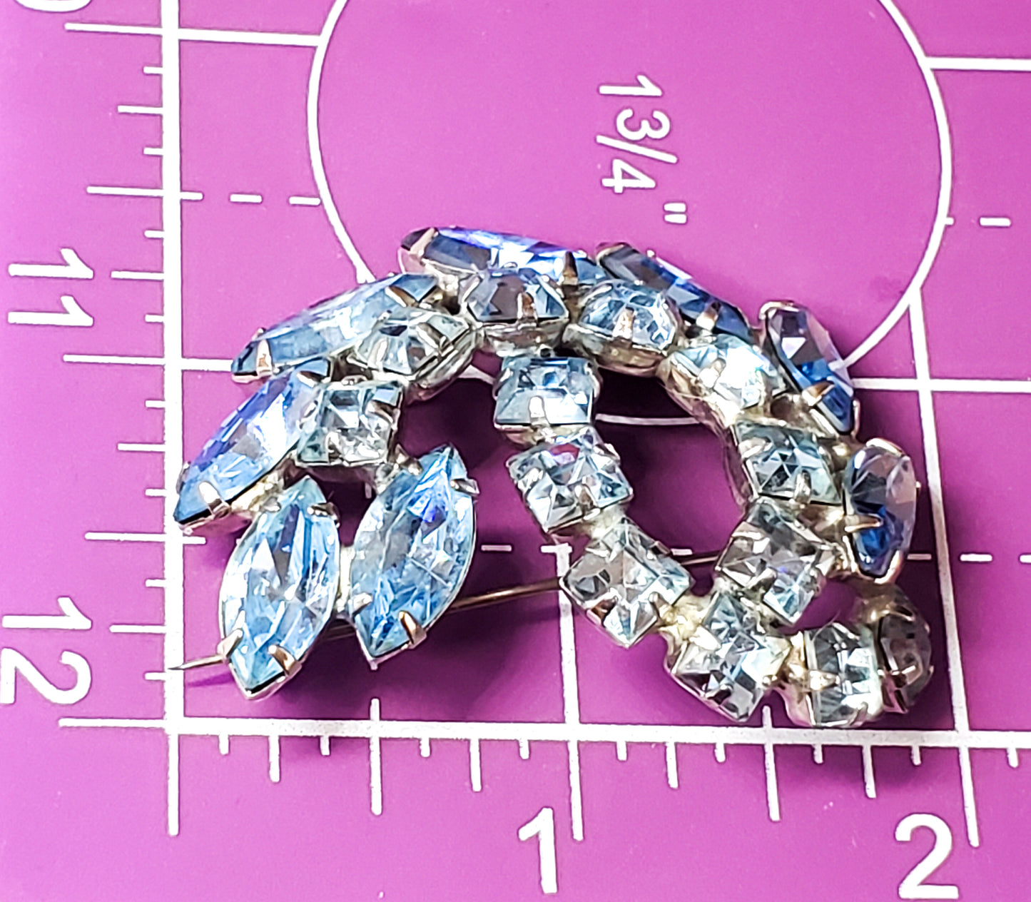 Baby blue Princess cut vintage rhinestone cluster brooch mid century