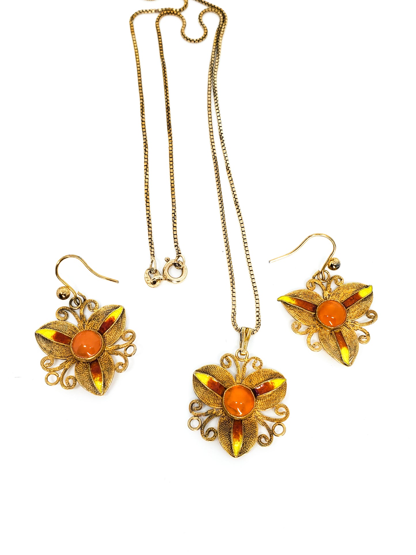 Chinese Export orange enamel vermeil gold over sterling necklace and earrings set 925