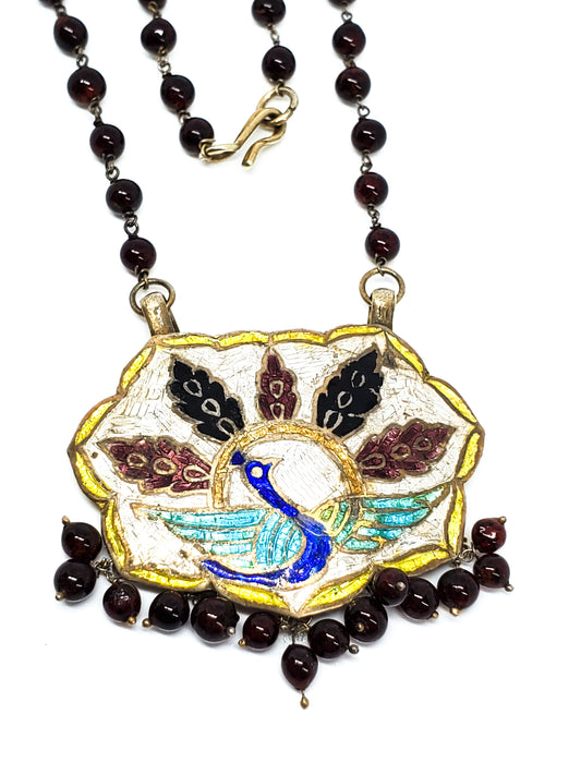 Chinese export Peacock enamel sterling silver necklace with garnet beads 925