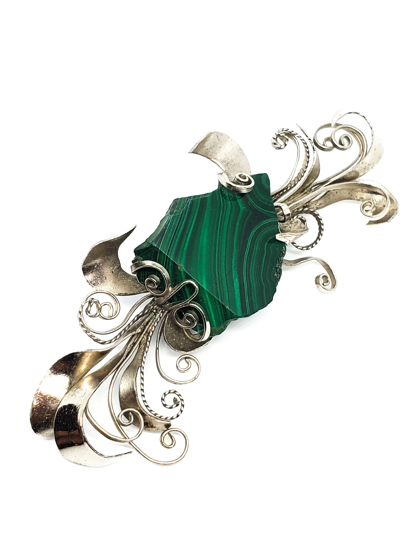 Banded Malachite Mexican Artisan Alpaca silver brooch pin handcrafted