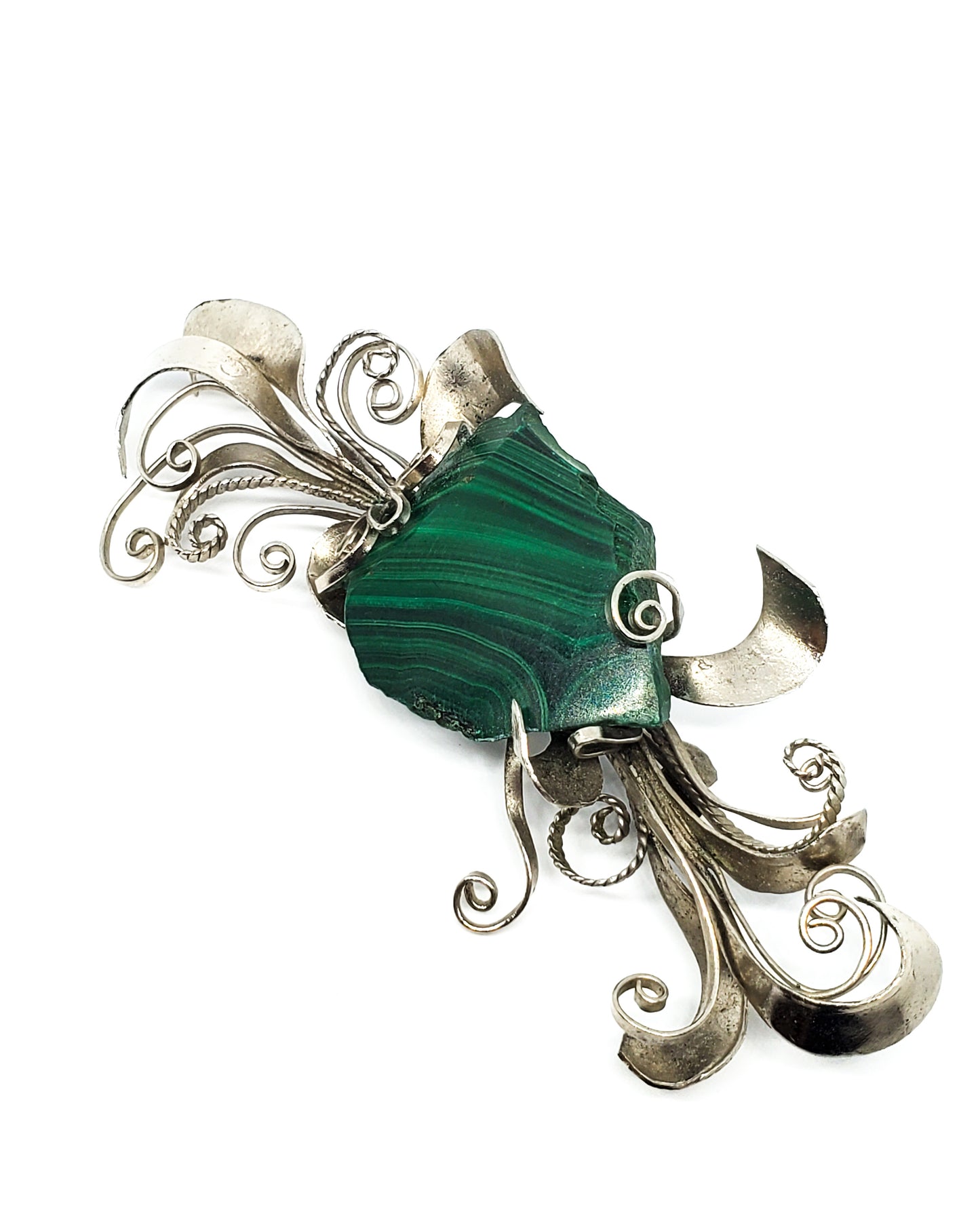 Banded Malachite Mexican Artisan Alpaca silver brooch pin handcrafted